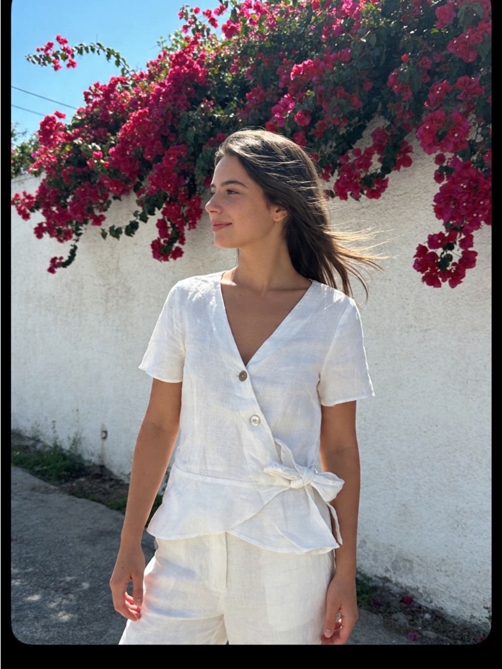 Women's White Linen Wrap Peplum Button Top